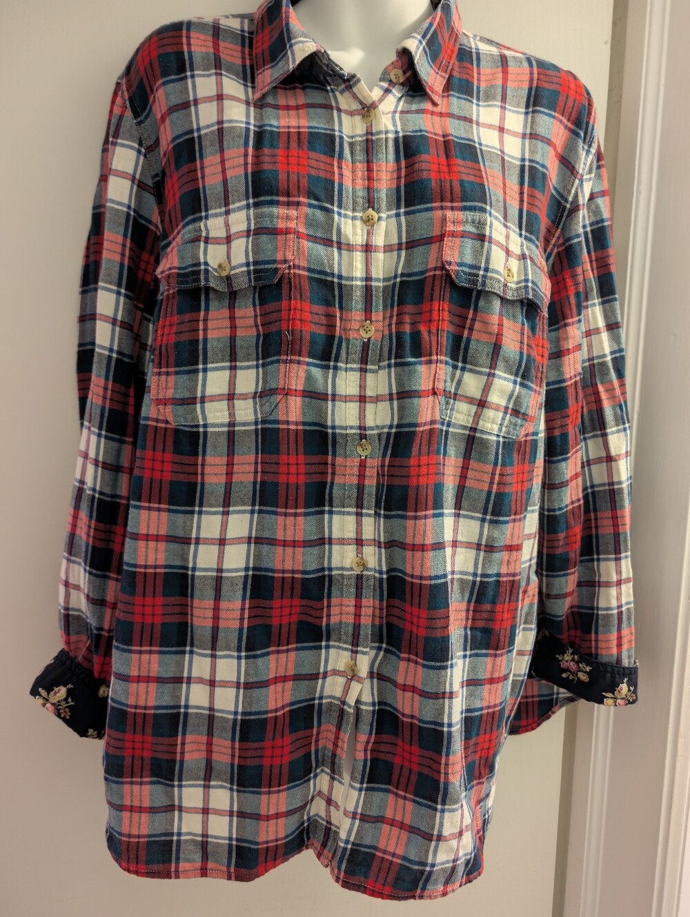 Chaps Red and Navy Plaid Button-Up Flannel Shirt. 2x